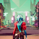 Hyper Light Breaker screenshot shows the back of a protagonist looking out at a very Drfterlands looking world.